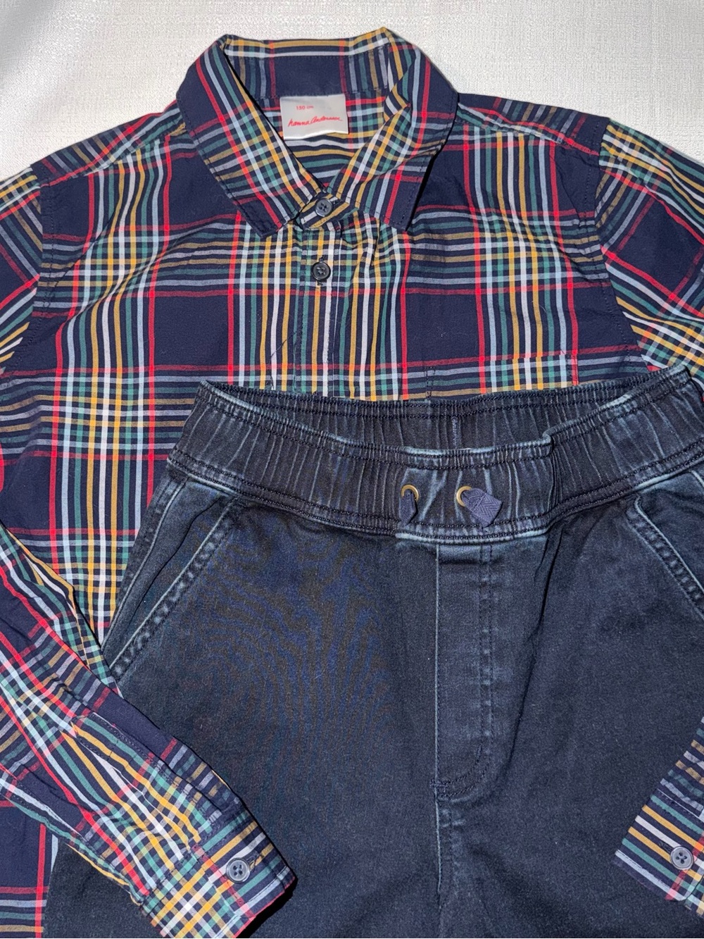 Hanna Andersson Navy Plaid Shirt with Dark Navy Jeans